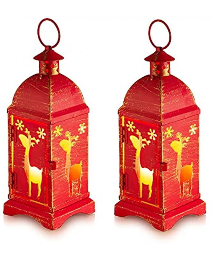 Candle Lanterns Reindeer for Christmas Decorations Decorative Lantern Vintage Christmas Candleholder for Home Seasonal Decor Hanging Tabletop Distressed Red 2pcs