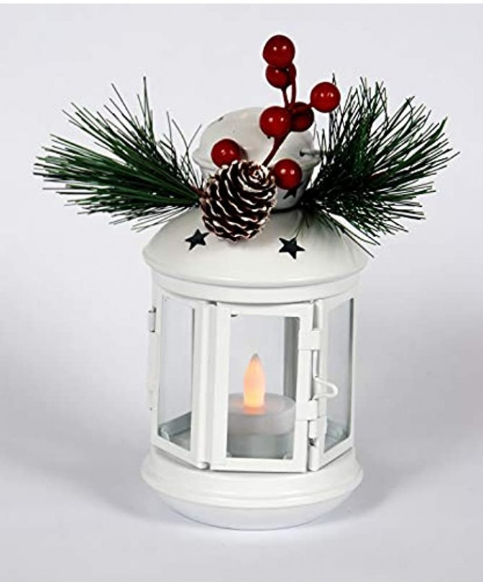 Christmas Decorative Farmhouse Lanterns White Christmas Lantern with LED Flickering Flameless Tea Light Candle Hanging indoor or outdoor Christmas Lantern accented with Greenery pinecone and berries