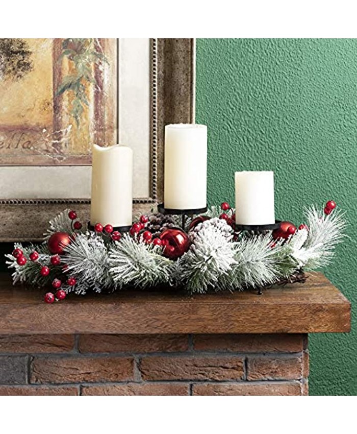 Glitzhome Christmas Candle Holder with Snowy Pine Cone Berries Christmas Decorative Tealight Candle Holder for Home Office Christmas Winter Table Centerpiece 26 Inches