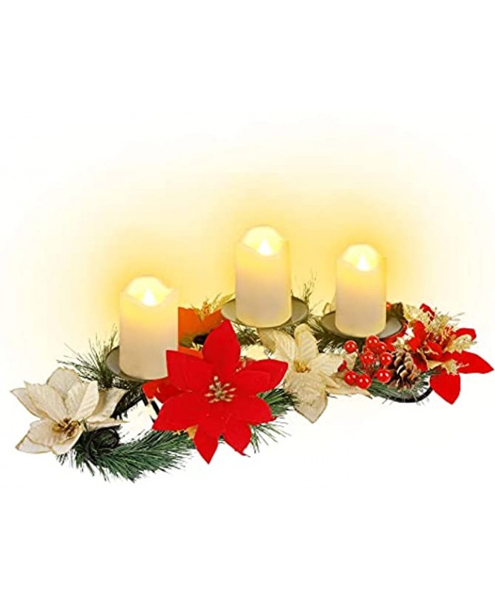 Joliyoou Christmas Tabletop Centerpieces Christmas Poinsettia Candle Holder with 3 Battery Operated Light Up Candle Lights Metal Candelabrum for Xmas Holiday Table Mantel Decoration
