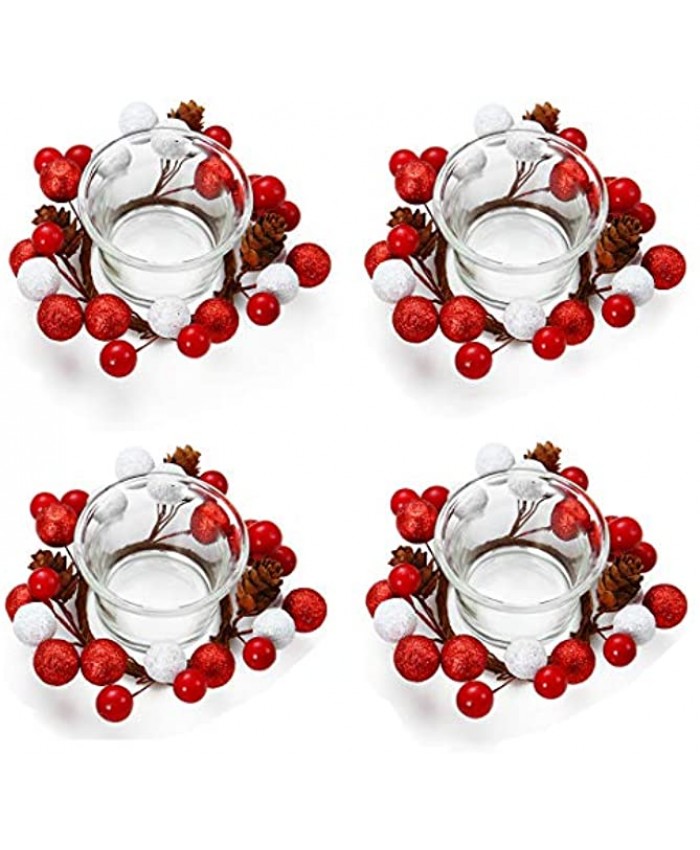 OYATON Christmas Votive Candle Holders with Pinecone Berry Candle Wreath Ring Decorative Glass Tealight Candle Holder Set of 4 for Home Wedding Living Room and Bedroom DecorExclude Candles
