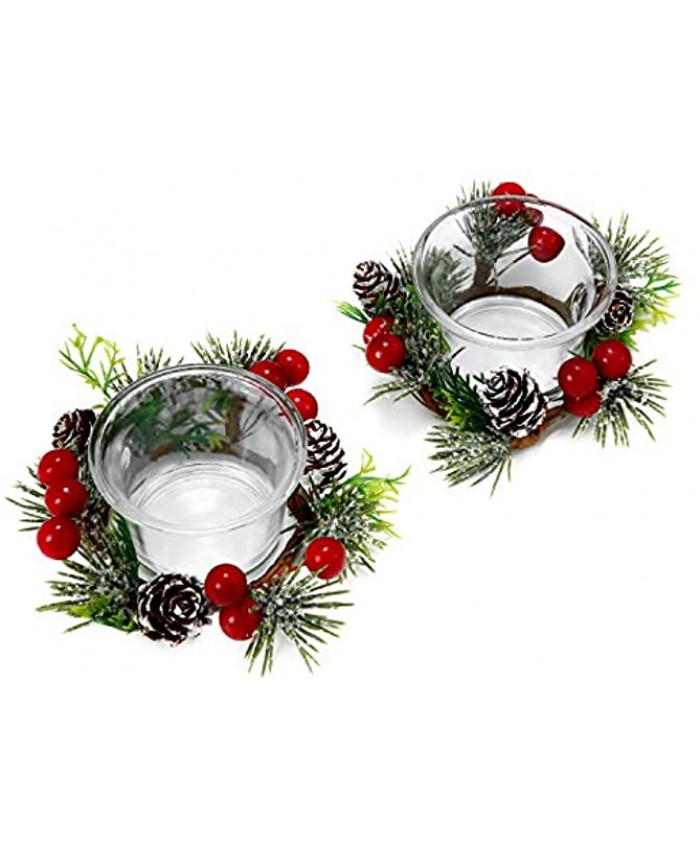 OYATON Christmas Votive Candle Holders with Snowy Pinecone Berry Candle Ring Decorative Glass Tealight Candle Holder Set of 2 for Home Wedding Living Room and Bedroom DecorExclude Candles