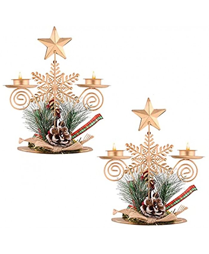 Set of 2 Christmas Candle Holder Centerpiece with Gold Star Topper Pinecones Red Berries Table Centerpiece Iron Metal Pillar Candlestick Tabletop Decorations for Xmas Holiday Wedding Party