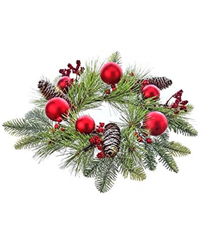 TenWaterloo 12 Inches Mixed Pine Christmas Candle Ring with Frosted Accents Faux Berries Pine Cones and Red Ball Ornaments Artificial Pine