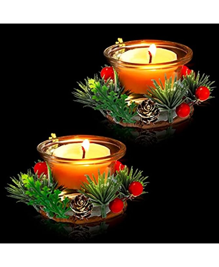 WILLBOND 2 Pieces Christmas Votive Candle Holders Decorative Glass Candle Holders Decorative Xmas Ornaments with 2 Pieces Pinecone Berry Wreath Rings for Christmas Wedding Festive Decoration