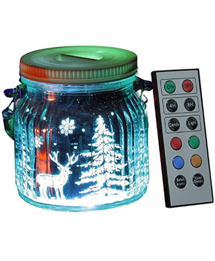 Xmas Hanging Color Changing Waterproof Mason Jar Light Battery Operated Outdoor LED Lantern with Remote Control Timer Christmas Tree Deer Snowflake Pattern Mercury Glass Fairy Lamp Patio Décor
