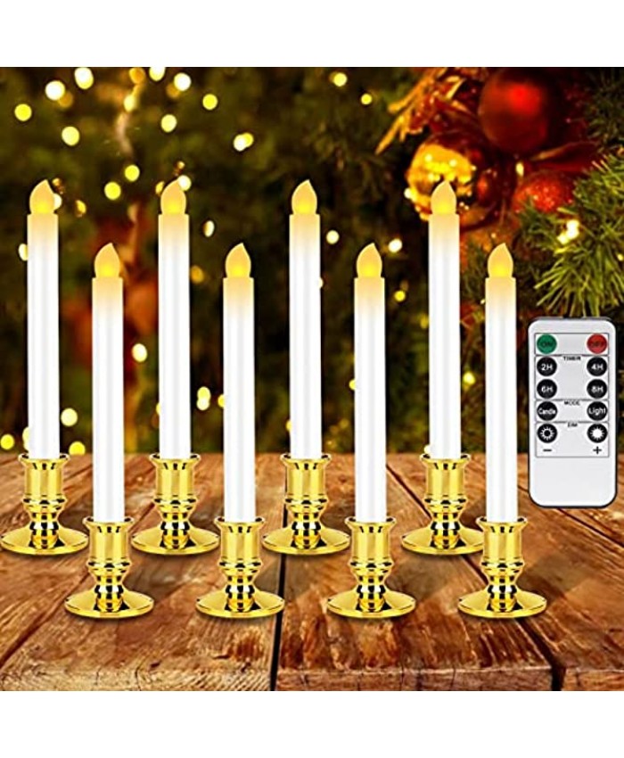 Christmas Window Candles Lights 8 Pack Battery Operated Candles with Timer Remote Control Suction Cup Golden Holder LED Taper Candle Flickering Candles for Home Party Holiday Christmas Decoration