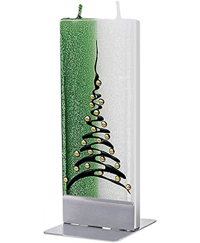 FLATYZ Handmade Christmas Candle Green & White Tree | Unscented Drip-Resistant & Smoke-Free 2 Wick Candle for Home & Room Decor | Hand Painted Flat Decorative Candles | Steel Stand Included