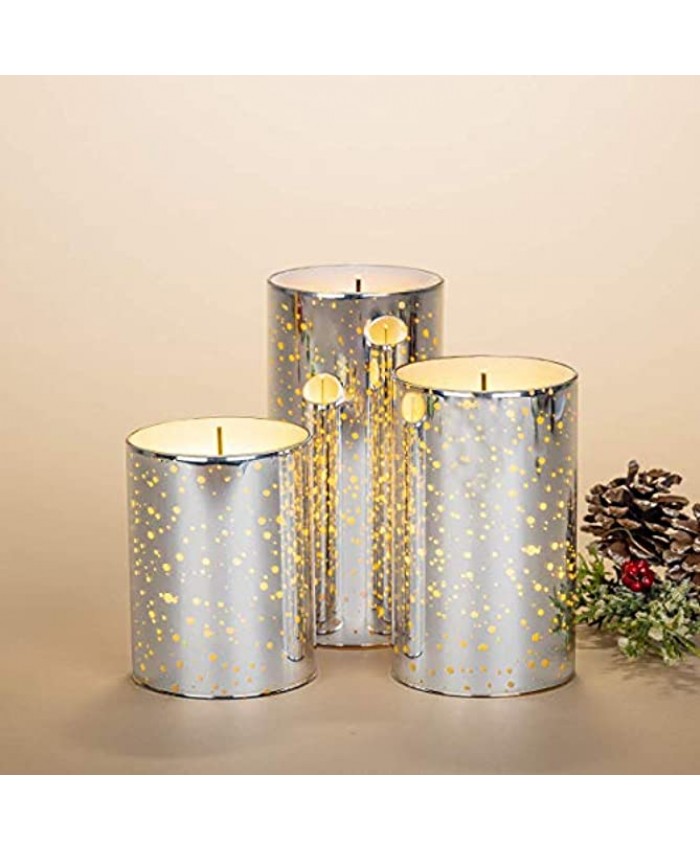 Gerson 2620620 Set of 3 Silver Mercury Glass Glow Wick Candles with Warm White LED 6"H