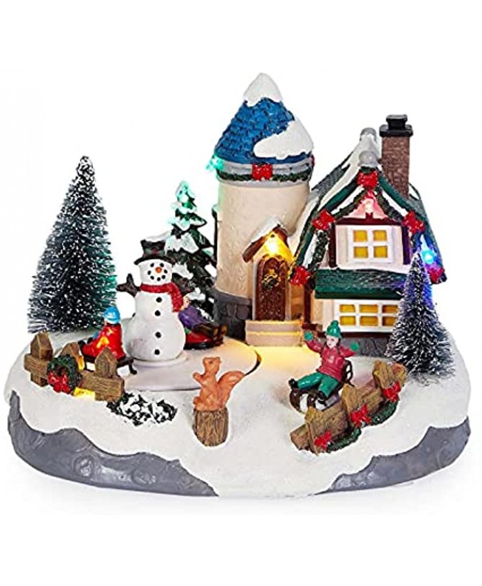 Animated Winter Village House Scene Resin Runner Figurine with LED Light and Music Festive Christmas Holiday Decor