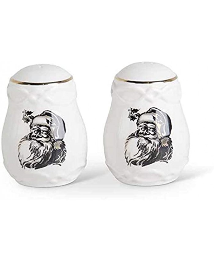 K&K Interiors 54011H 3.75 Inch White Ceramic Salt and Pepper Shaker Set with Antique Gold and Black Santa Decal