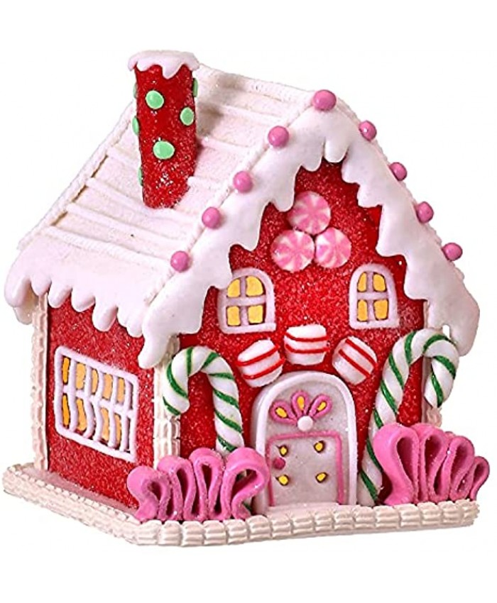 One Holiday Way 5-Inch LED Light Up Red Faux Gingerbread House Tabletop Decoration w Timer Candy Glitter Frosting Accents – Lighted Decorative Christmas Party Winter Home Decor