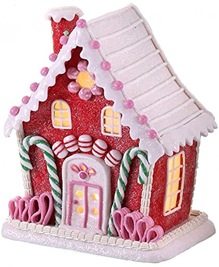 One Holiday Way 9.5-Inch LED Light Up Red Faux Gingerbread House Tabletop Decoration w Timer Candy Glitter Frosting Accents – Lighted Decorative Christmas Party Winter Home Decor