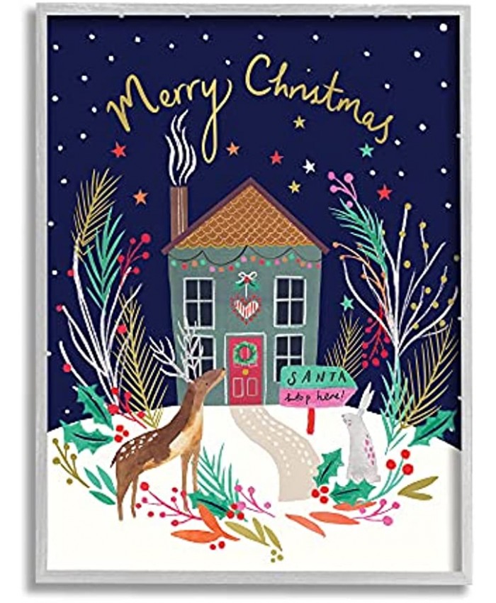 Stupell Industries Merry Christmas Family Home Scene Festive Reindeer Holly Designed by Heather McLaughlin Gray Framed Wall Art 16 x 20 Blue