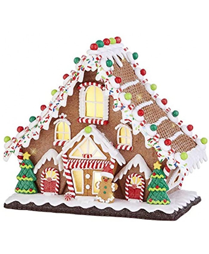TenWaterloo Large Lighted Gingerbread Candy House in Clay Dough Resin with Frosted Snow Look Battery Operated 10.5 inches Wide x 9.5 Inches High