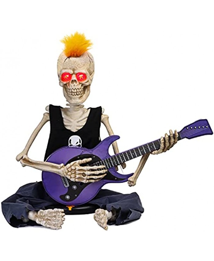 37inch Voice-Activated Skeleton Skull Indoor Outdoor Halloween Decoration,Sit on The Fireplace and Play The Guitar,Creepy Tabletop Decor