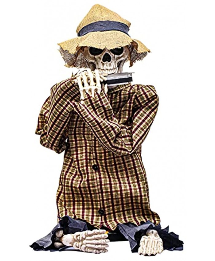 38inch Voice-Activated Skeleton Skull Indoor Outdoor Halloween Decoration,Sit on The Fireplace and Play The Harmonica,Creepy Tabletop Decor