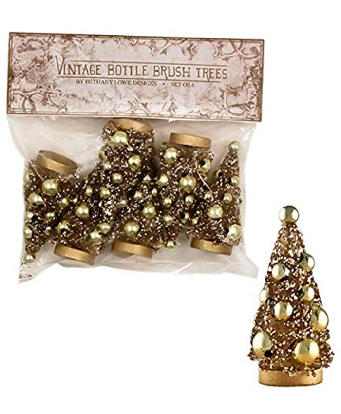 Bethany Lowe Set 6 Gold Glitter Bottle Brush Christmas Tree Retro Vintage Decor