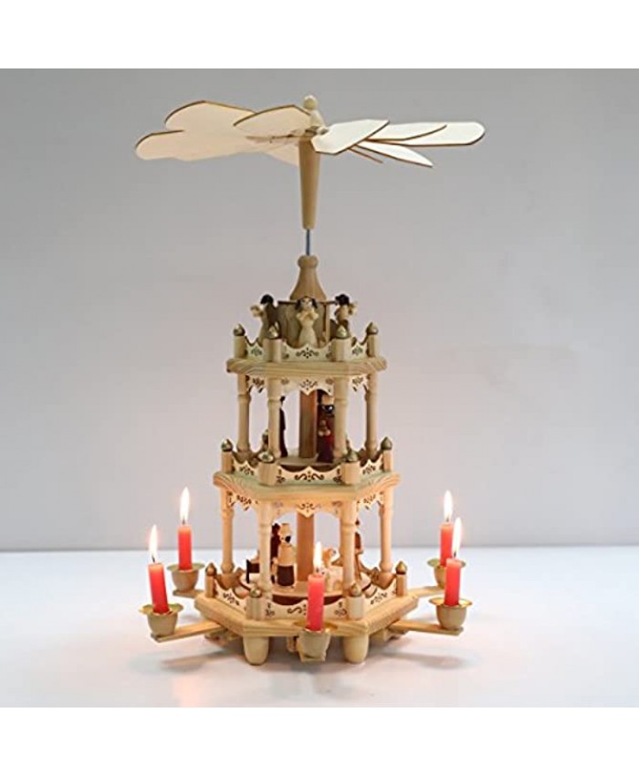 Christmas Wooden Pyramid 18 Inch -3 Tier with Hand-Painted Nativity Figurines with Turning Wings with 6 candleholders
