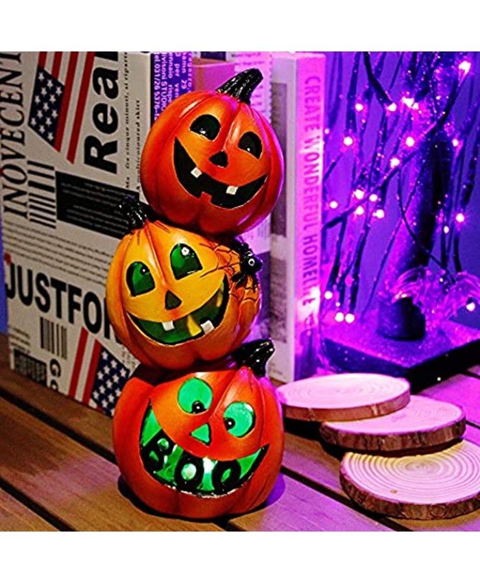 Juegoal Halloween Tabletop Decorations 10 Inch Lighted Stacked Pumpkins Jack-o-Lantern with RGB Color Changing LED Light Battery Powered Light Up Pumpkin Figurines Table Centerpieces Halloween Decor