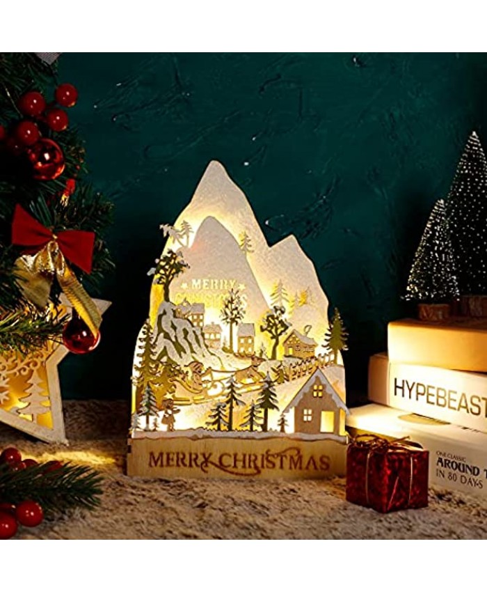 winemana Christmas Lighted Table Decorations 9.4" x 6.7" Merry Christmas Snowy Village Battery-Operated Wooden Tabletop Ornaments for Home Kitchen Fireplace Office Desk Indoor Holiday Decor