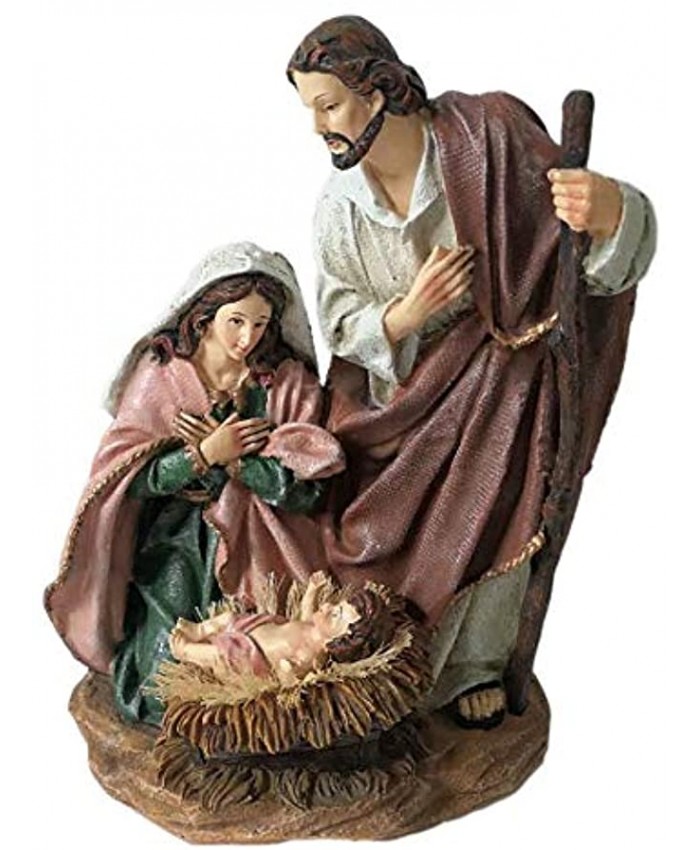 11.5" inch Holy Family Brown Joseph Mary and Jesus in Bed of Real Straw Hay Polyresin Nativity 890049