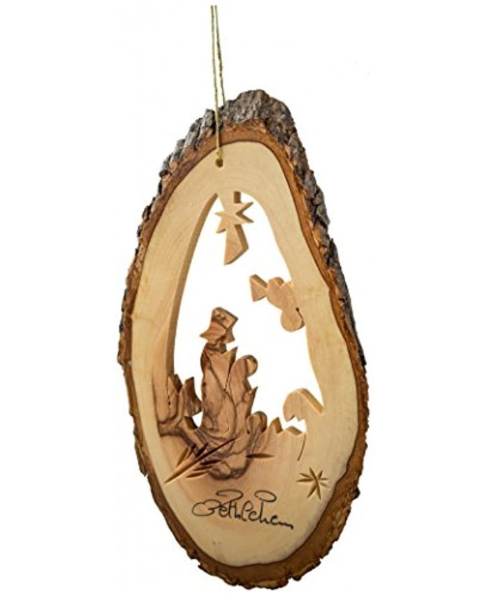 EARTHWOOD FINE WOOD PRODUCTS B-09 Olive Wood Bark Ornament with Nativity Brown