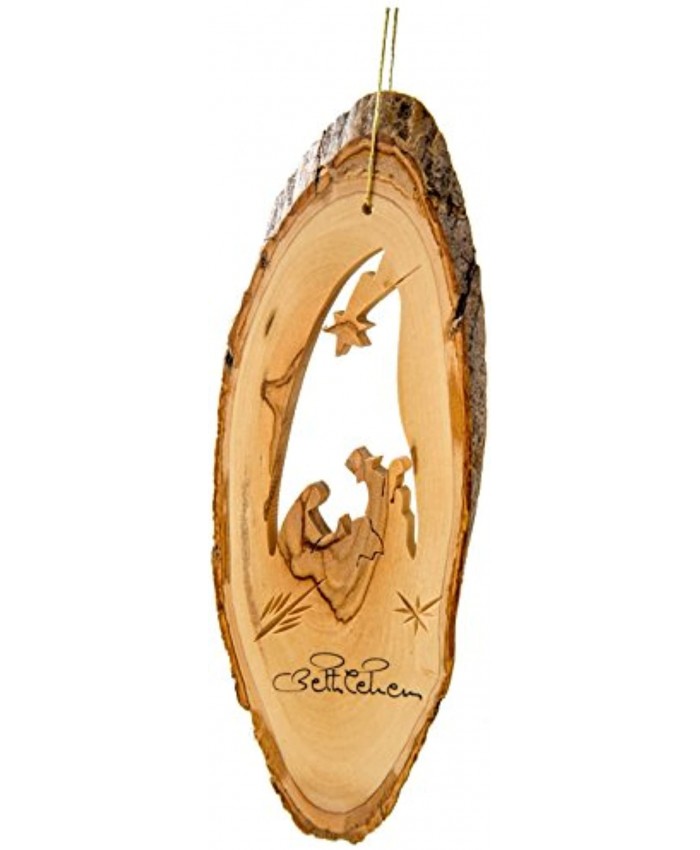 EARTHWOOD FINE WOOD PRODUCTS B-10 Olive Wood Bark Ornament with Nativity Brown